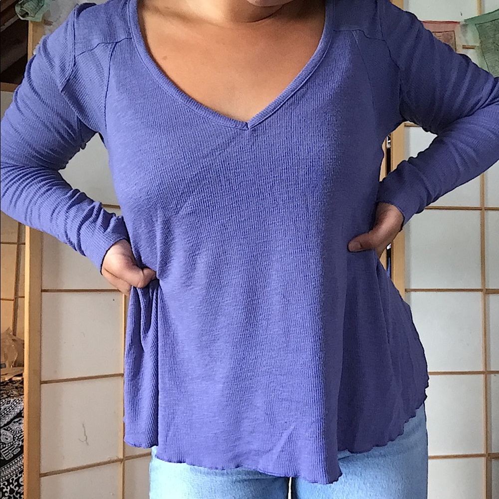 Purple Free People v neck lettuce trim long sleeve